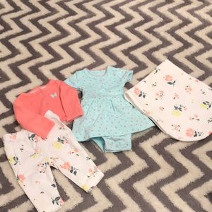 Carters dress, pants, jacket and burp cloth